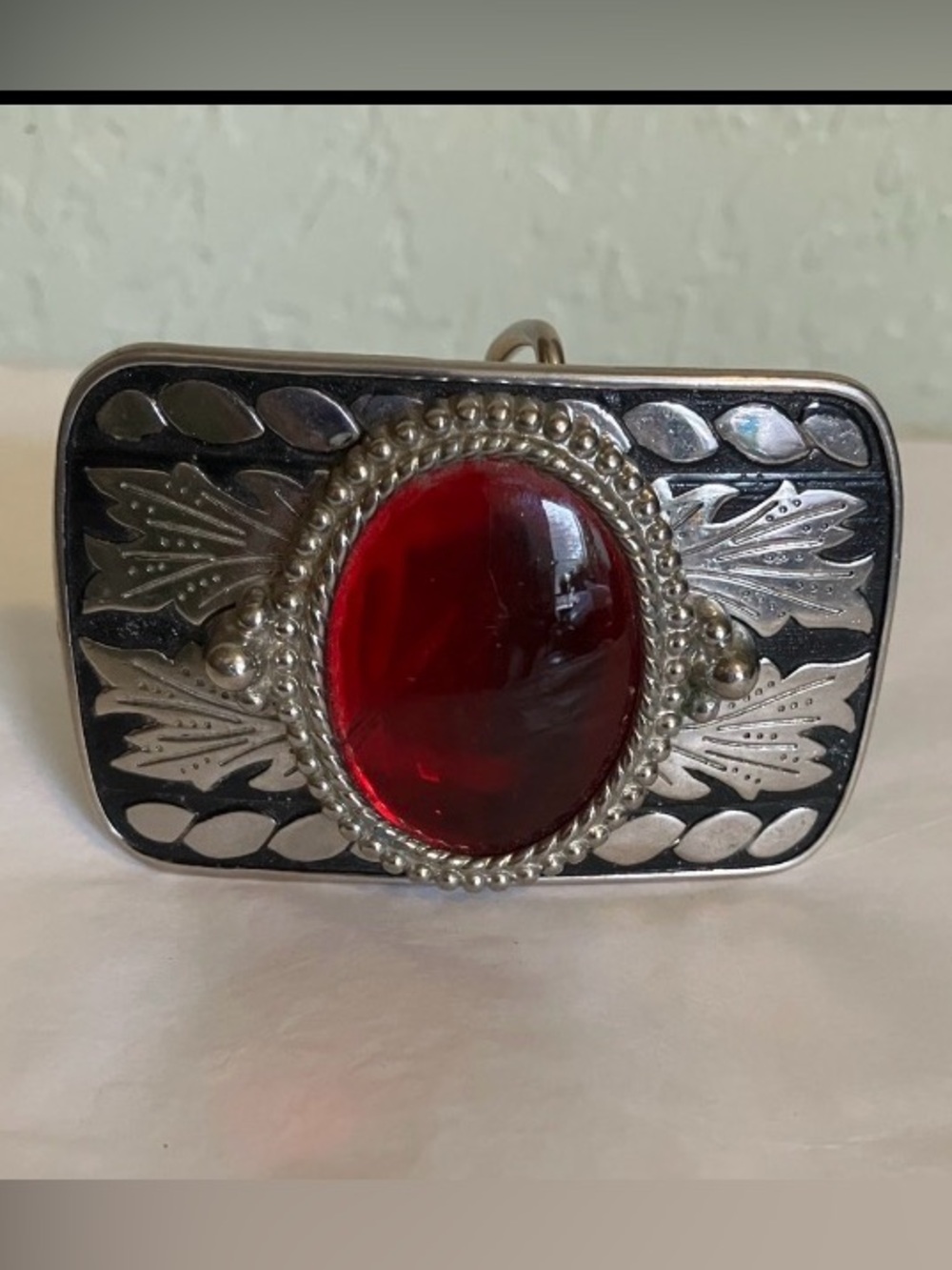 Western Style Rectangular Belt Buckle Eye Catching Vibrate Oval Red Glass Stone